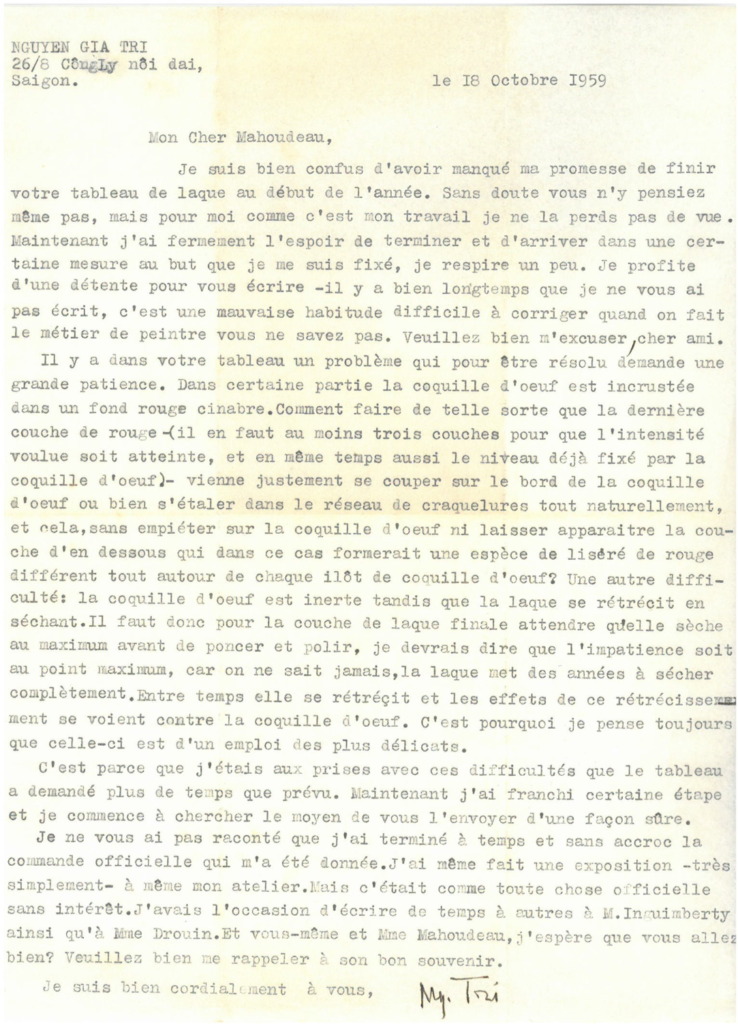 Lettre de Nguyen Gia Tri à Claude Mahoudeau, Saigon, 18 octobre 1959