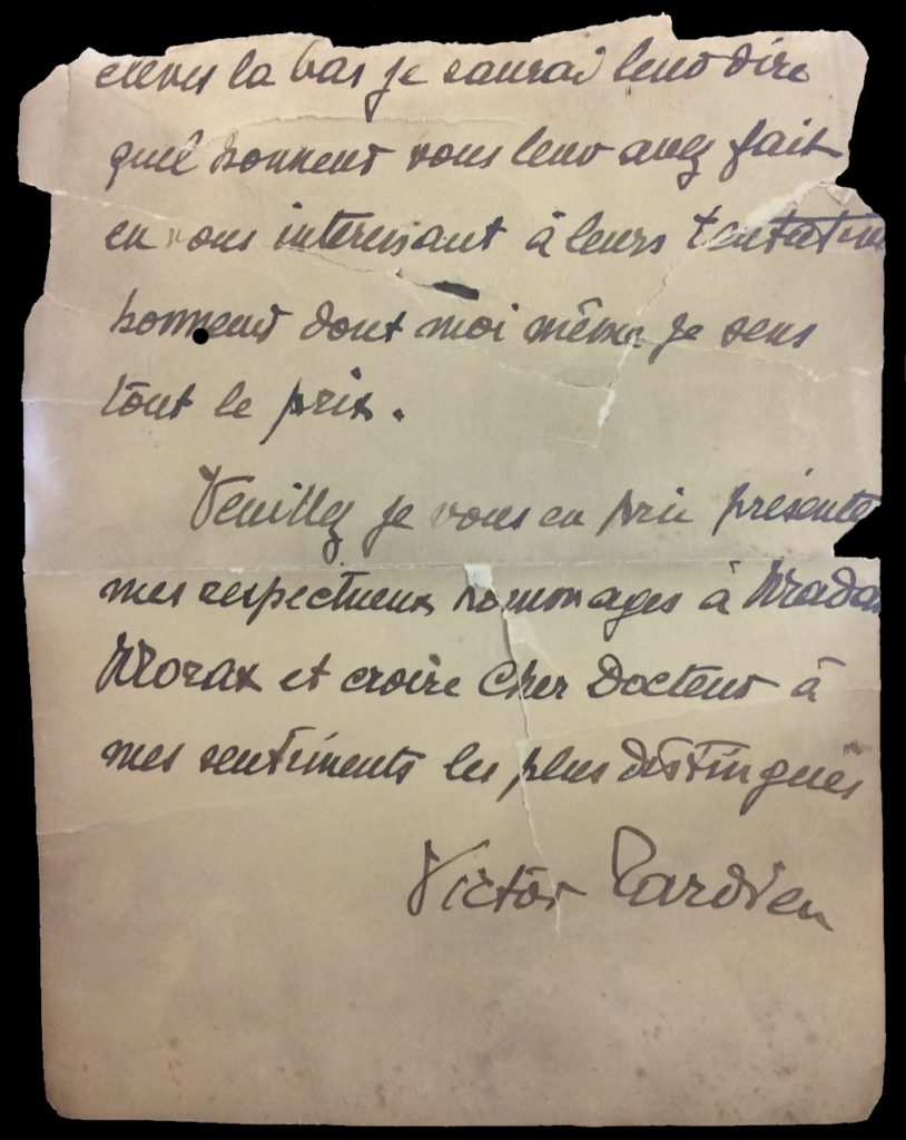 Letter of Victor Tardieu to Dr Morax