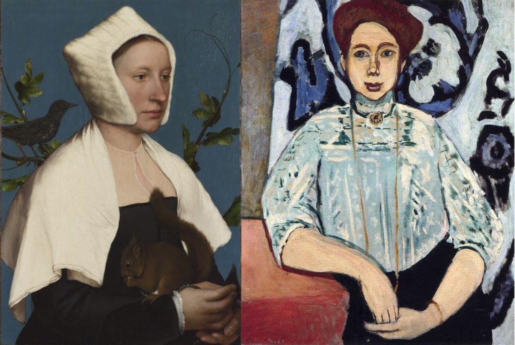 De gauche à droite : Hans Holbein le jeune, « Dame à l’écureuil et à l’étourneau », 1526-29, the National Gallery, Londres, Et Henri matisse, « Portrait de  Greta Moll », 1908, The National Gallery, Londres