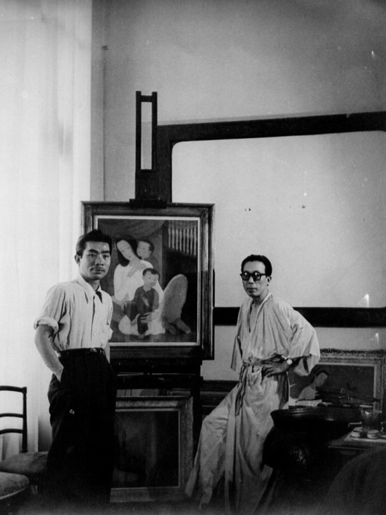(Mai Thu and HIS painting. The person on the left has not been identified. No date)